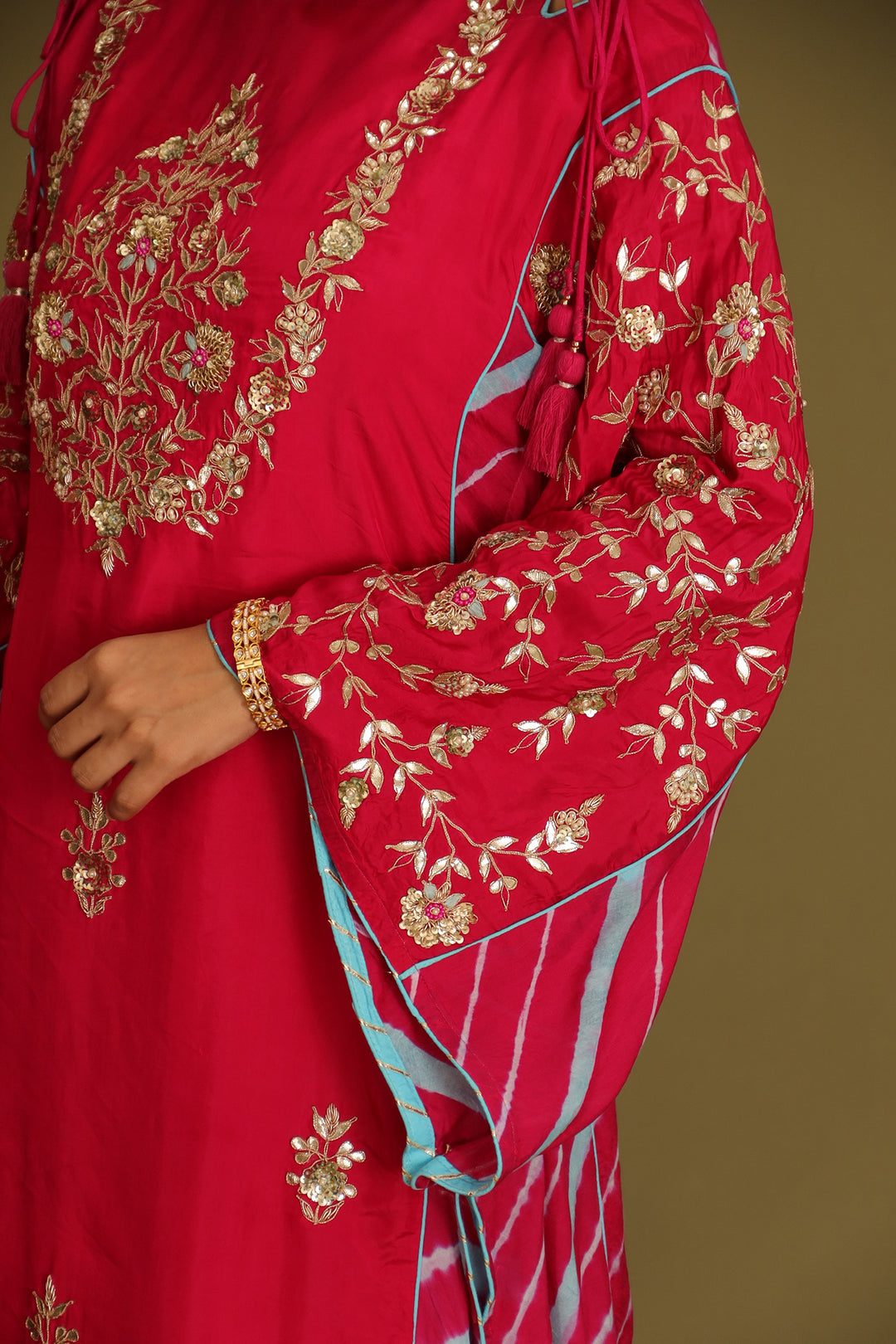 Embroidered Leheriya Silk Kaftan with Gota Patti work.