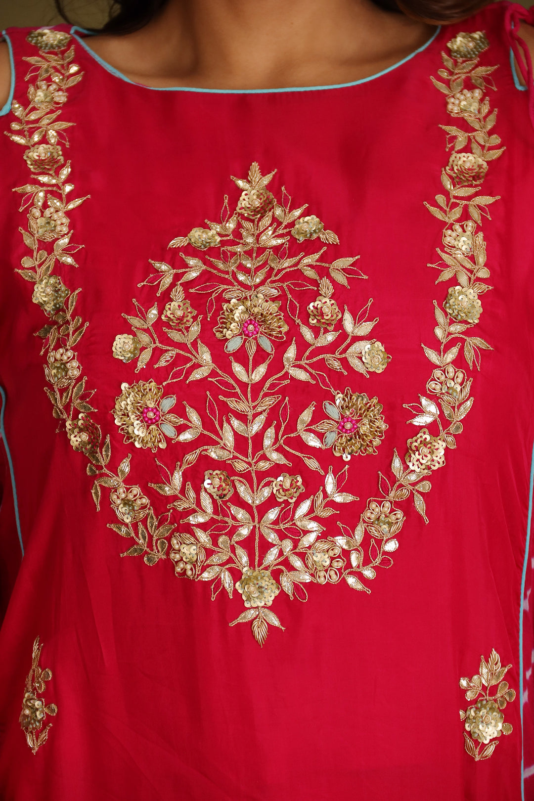 Embroidered Leheriya Silk Kaftan with Gota Patti work.