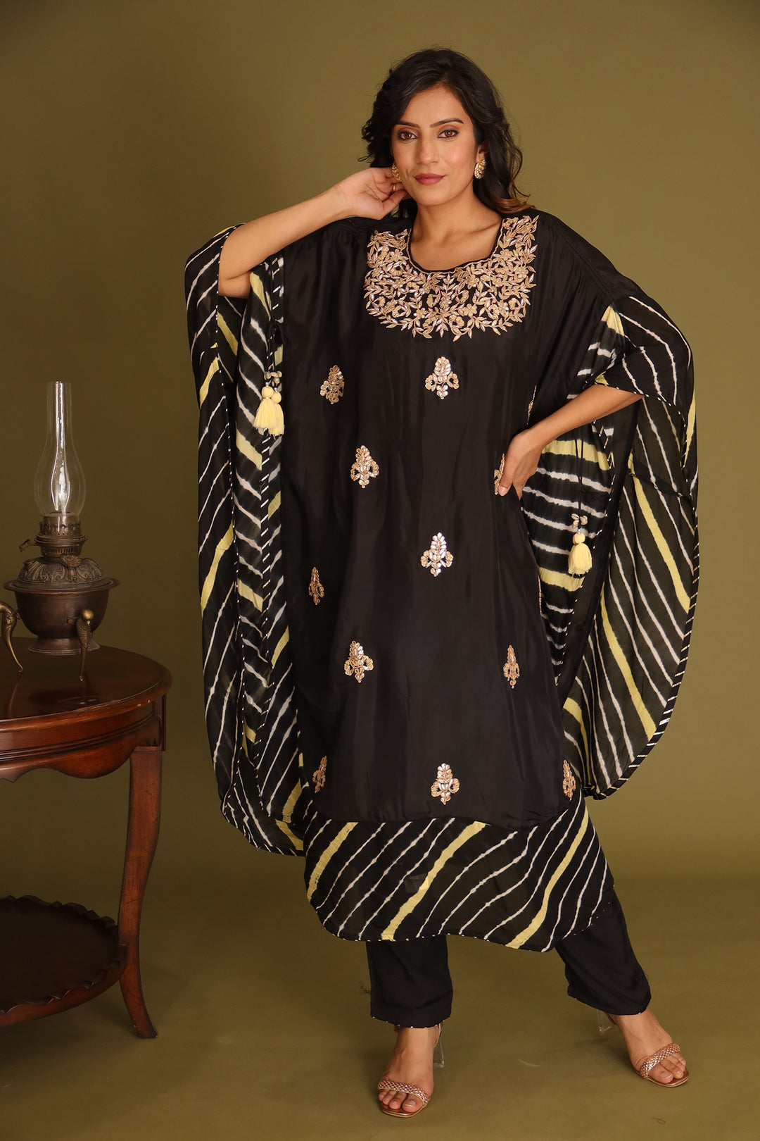 Embroidered Leheriya Silk Kaftan with Gota Patti work.