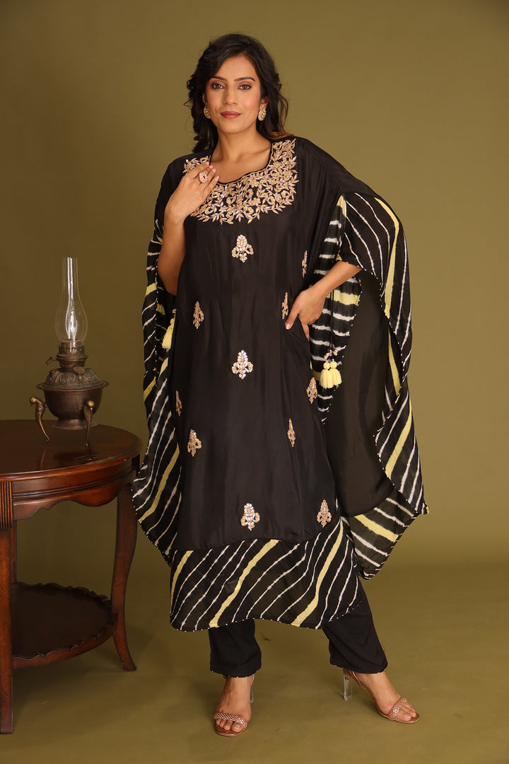 Embroidered Leheriya Silk Kaftan with Gota Patti work.