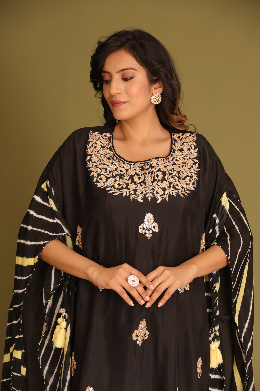 Embroidered Leheriya Silk Kaftan with Gota Patti work.