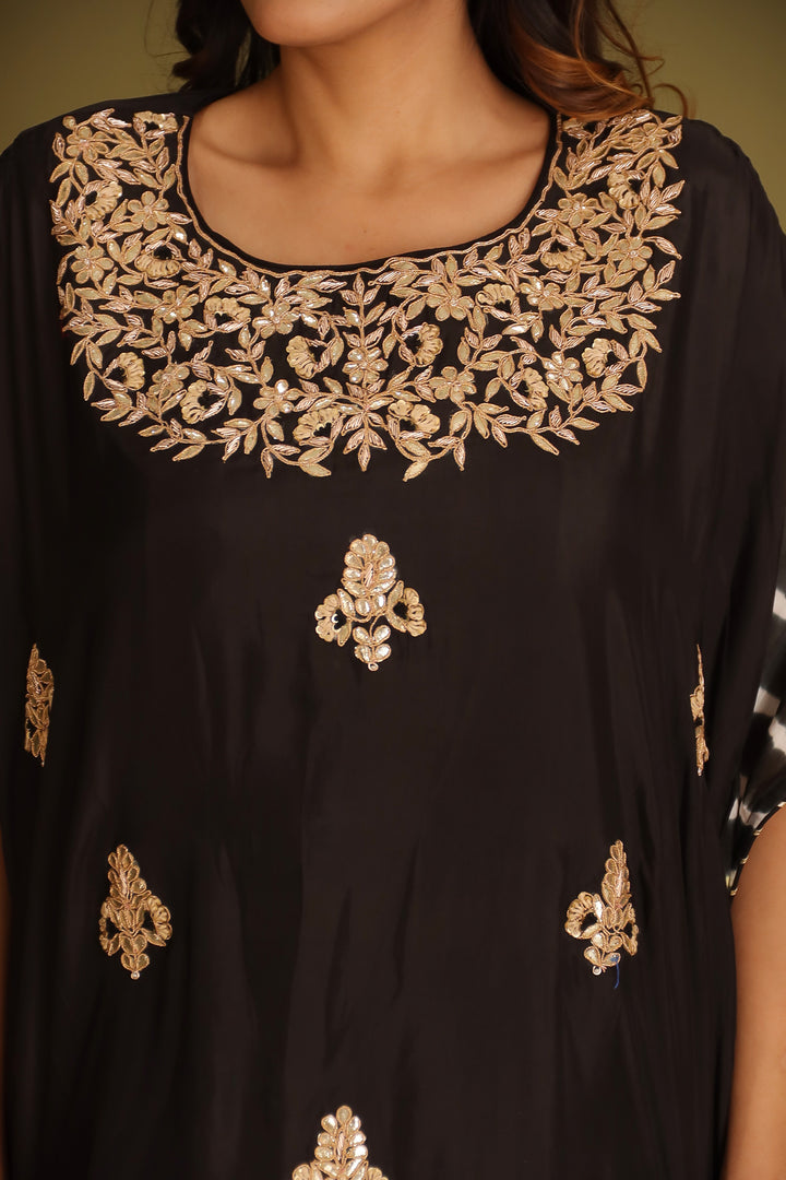 Embroidered Leheriya Silk Kaftan with Gota Patti work.