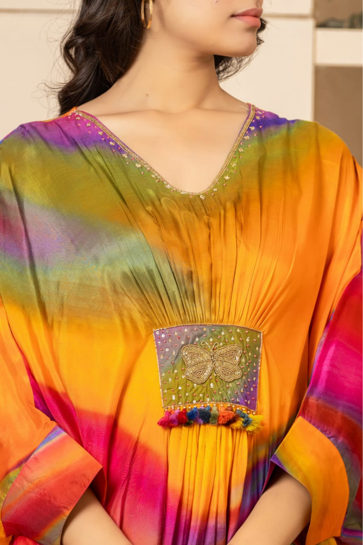 Printed Silk Blend Kaftan Set Stitched with Cutdana Work