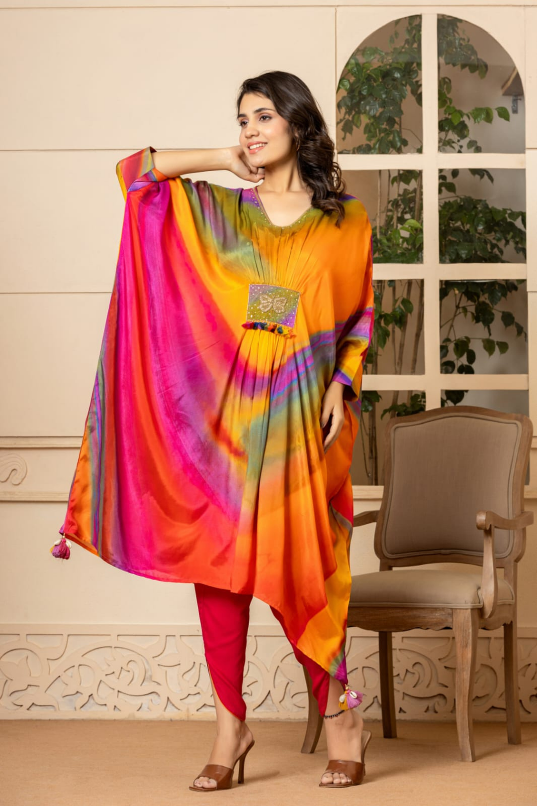 Printed Silk Blend Kaftan Set Stitched with Cutdana Work