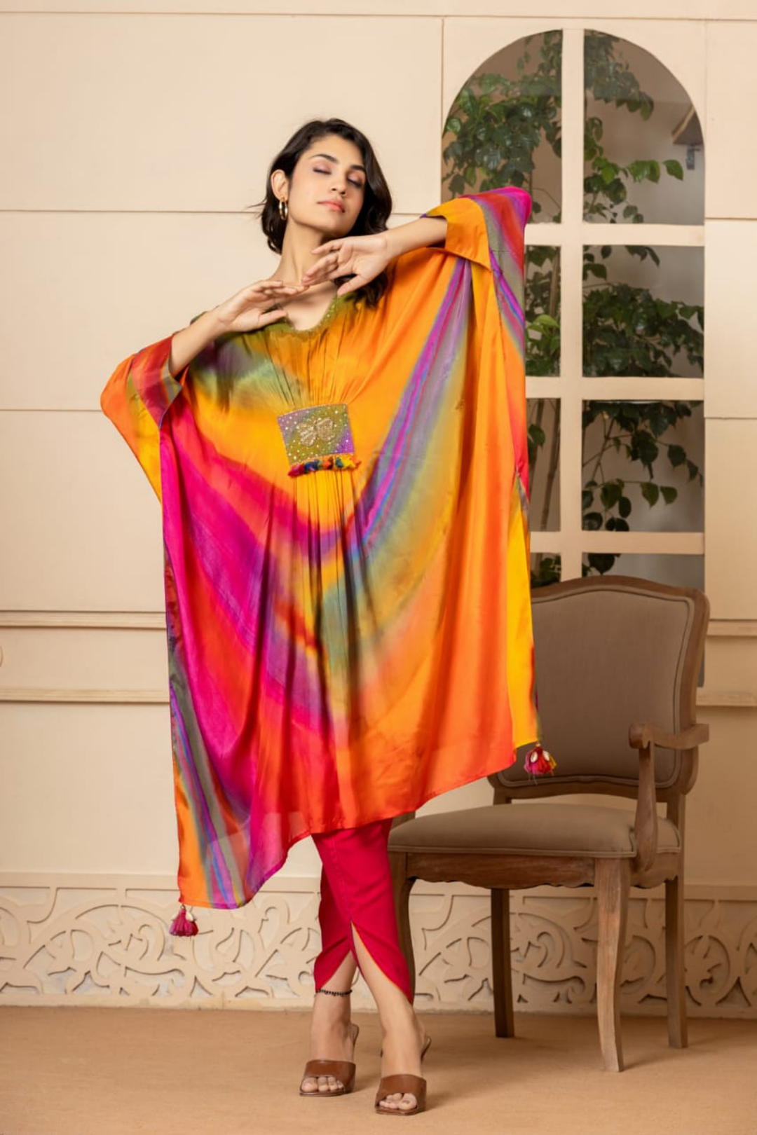 Printed Silk Blend Kaftan Set Stitched with Cutdana Work