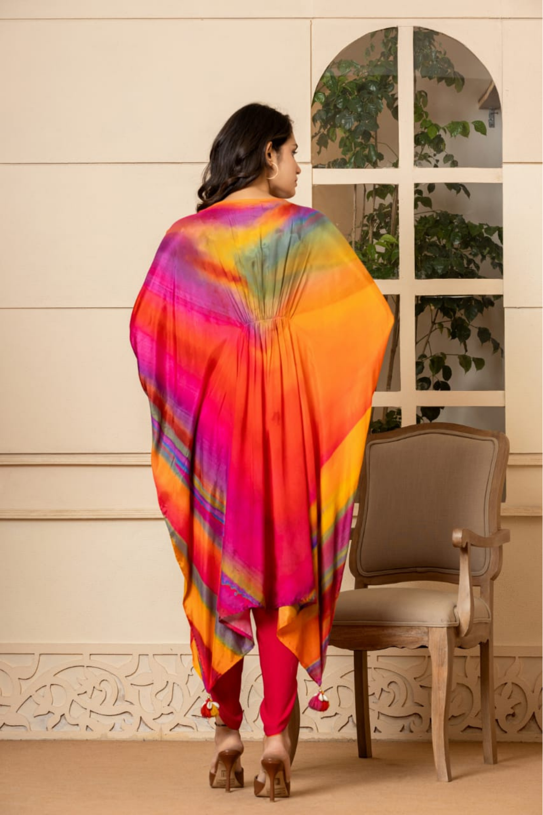 Printed Silk Blend Kaftan Set Stitched with Cutdana Work