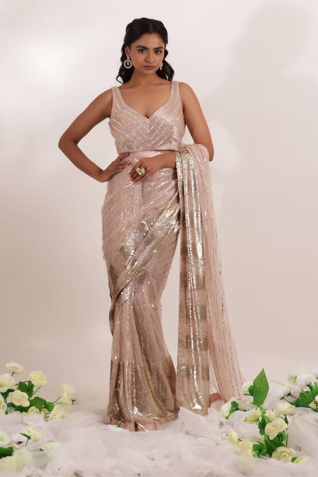 Sequined and Embellished Net Saree with Stitched Blouse