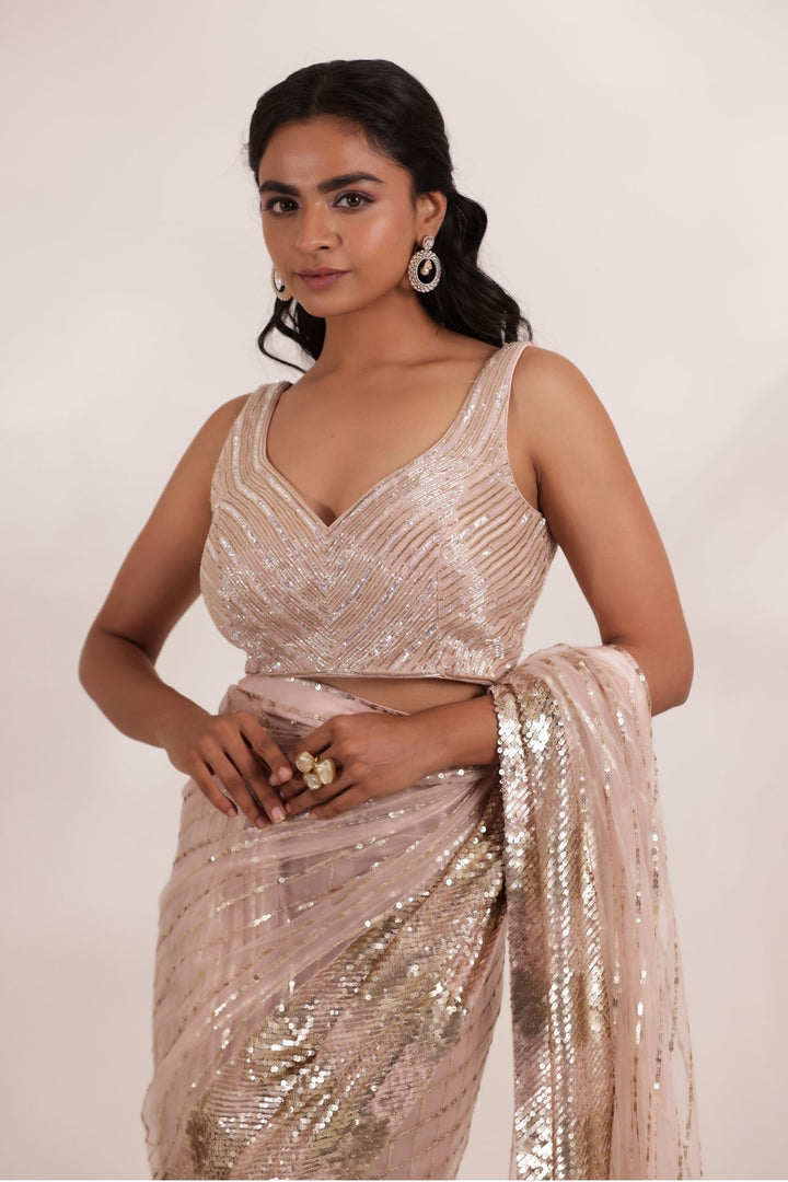 Sequined and Embellished Net Saree with Stitched Blouse