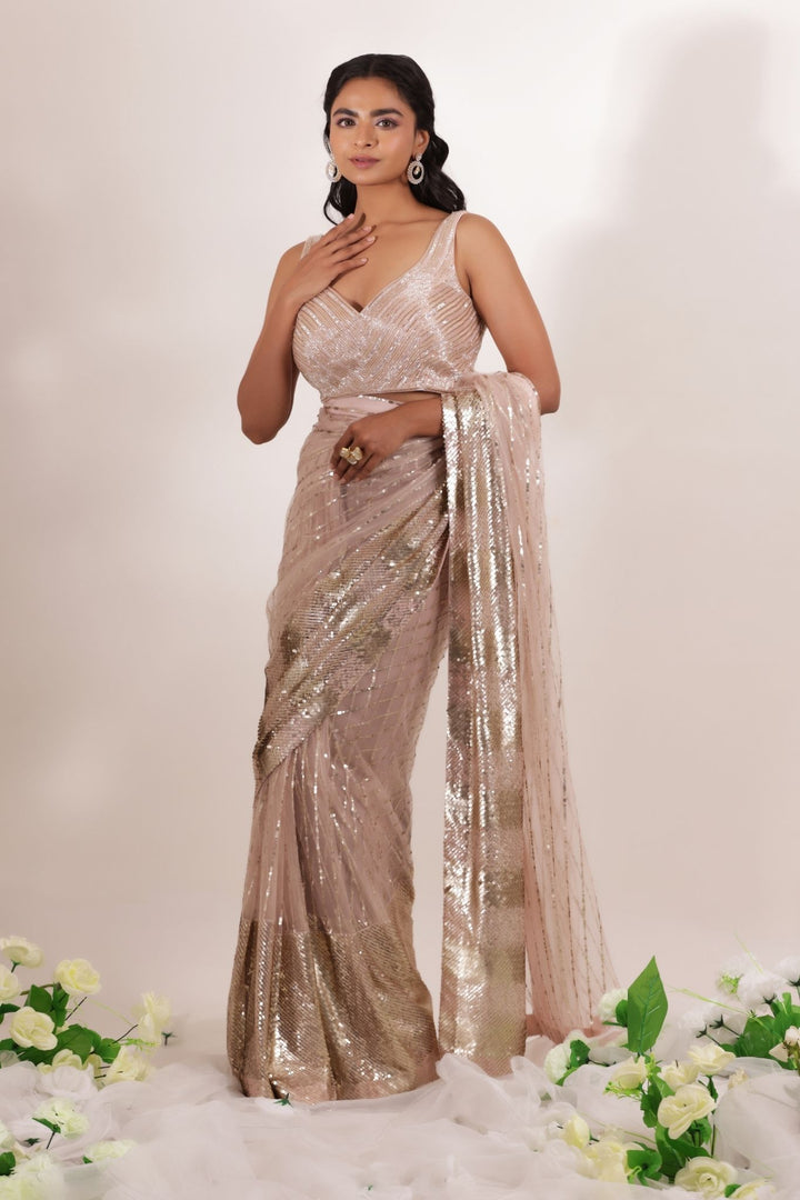 Sequined and Embellished Net Saree with Stitched Blouse