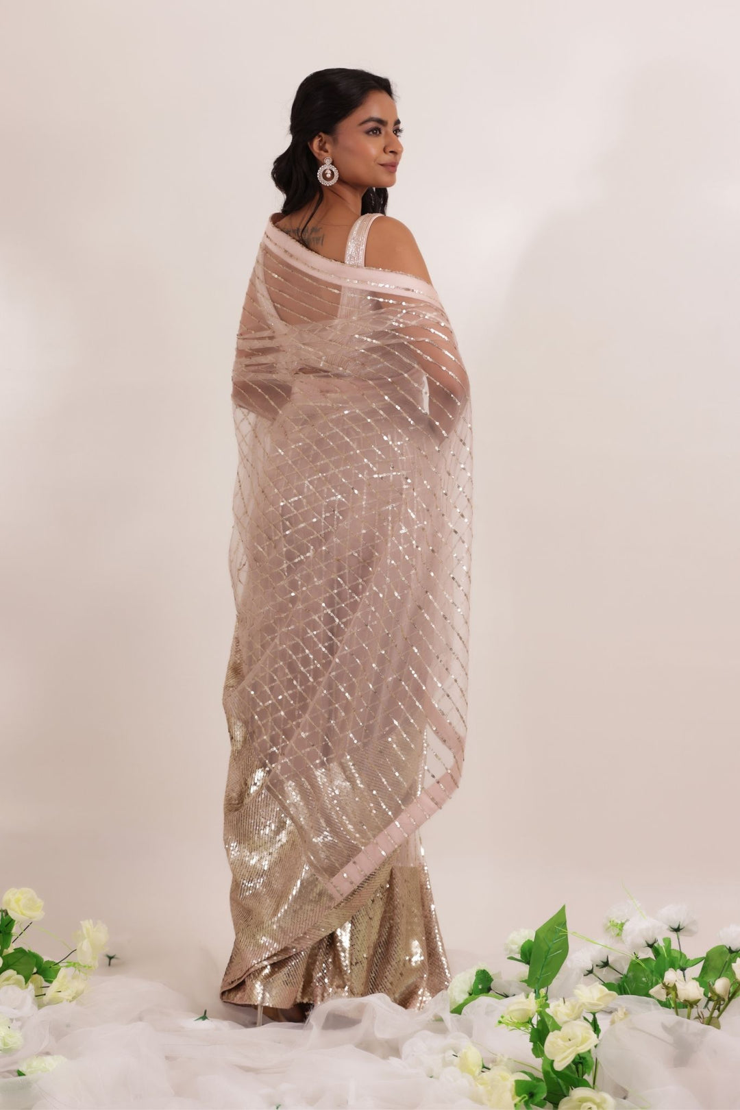 Sequined and Embellished Net Saree with Stitched Blouse