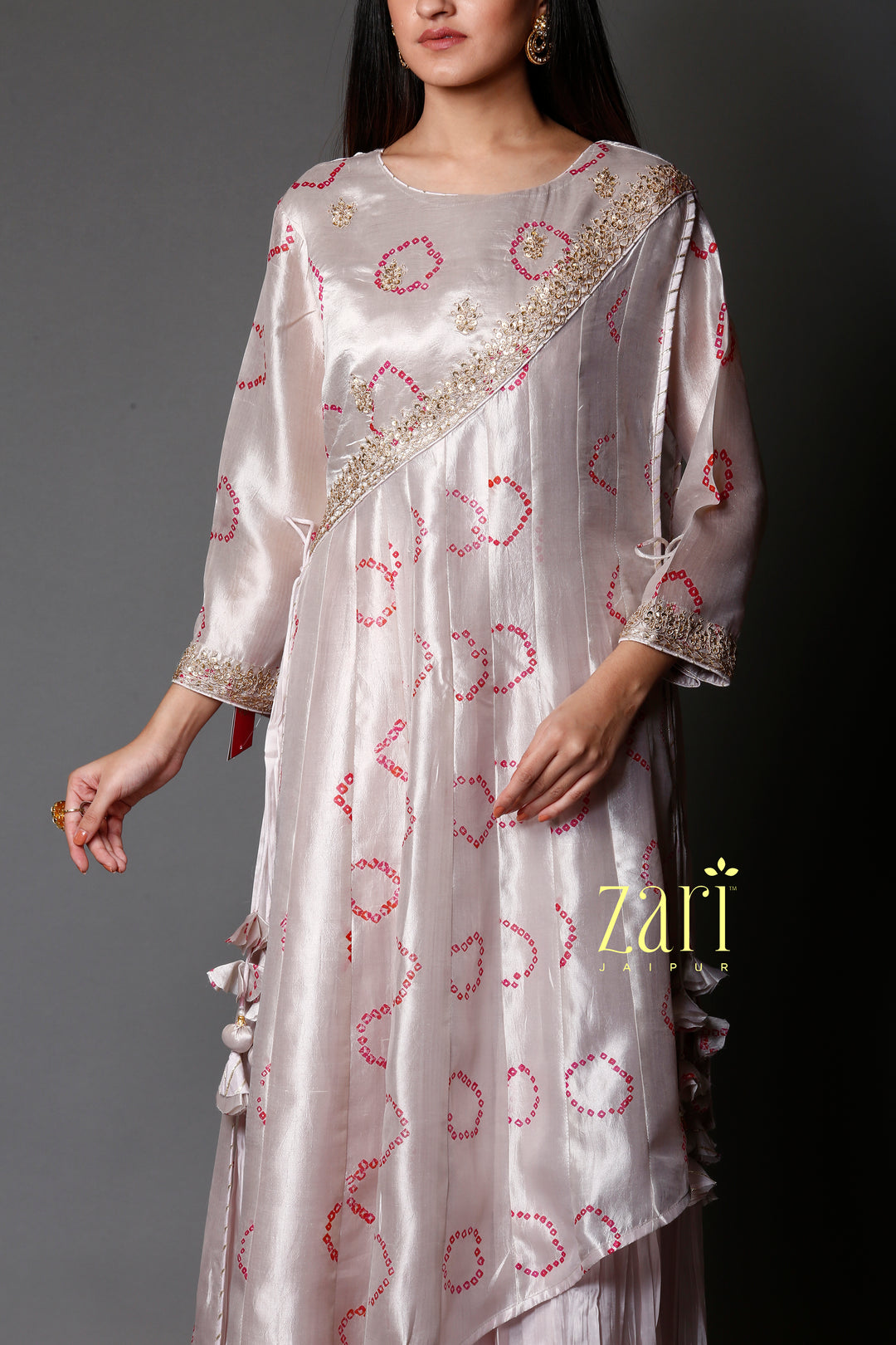 Tussar Bandhej Silk Kurti with Dori, Sequins work.