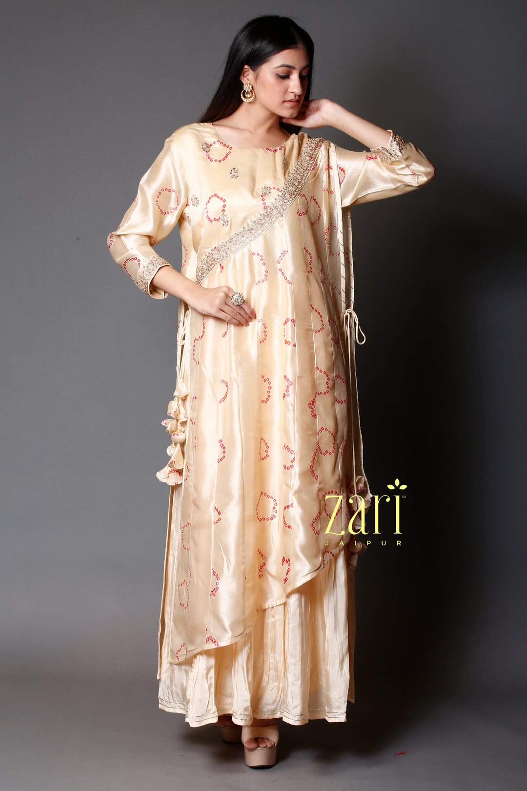 Tussar Bandhej  Silk Kurti with Dori, Sequins work.