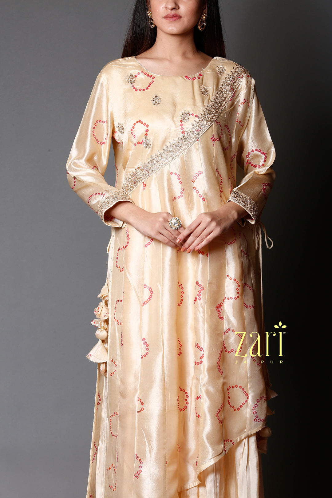 Tussar Bandhej  Silk Kurti with Dori, Sequins work.