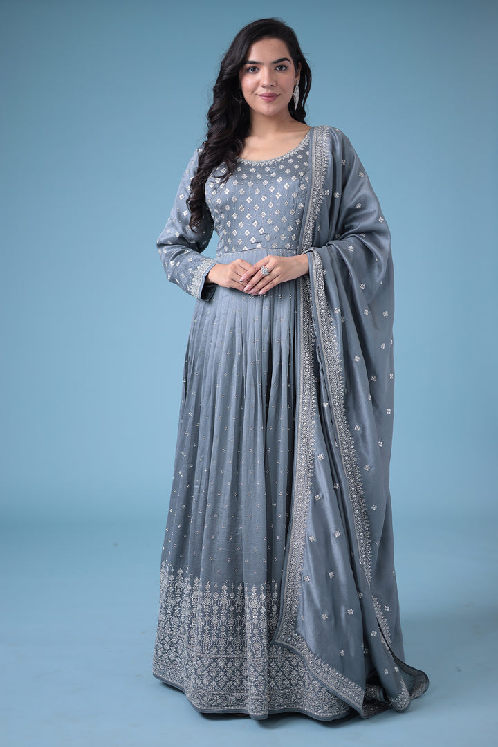 Embroidered Silk Blend Gown with Stone work