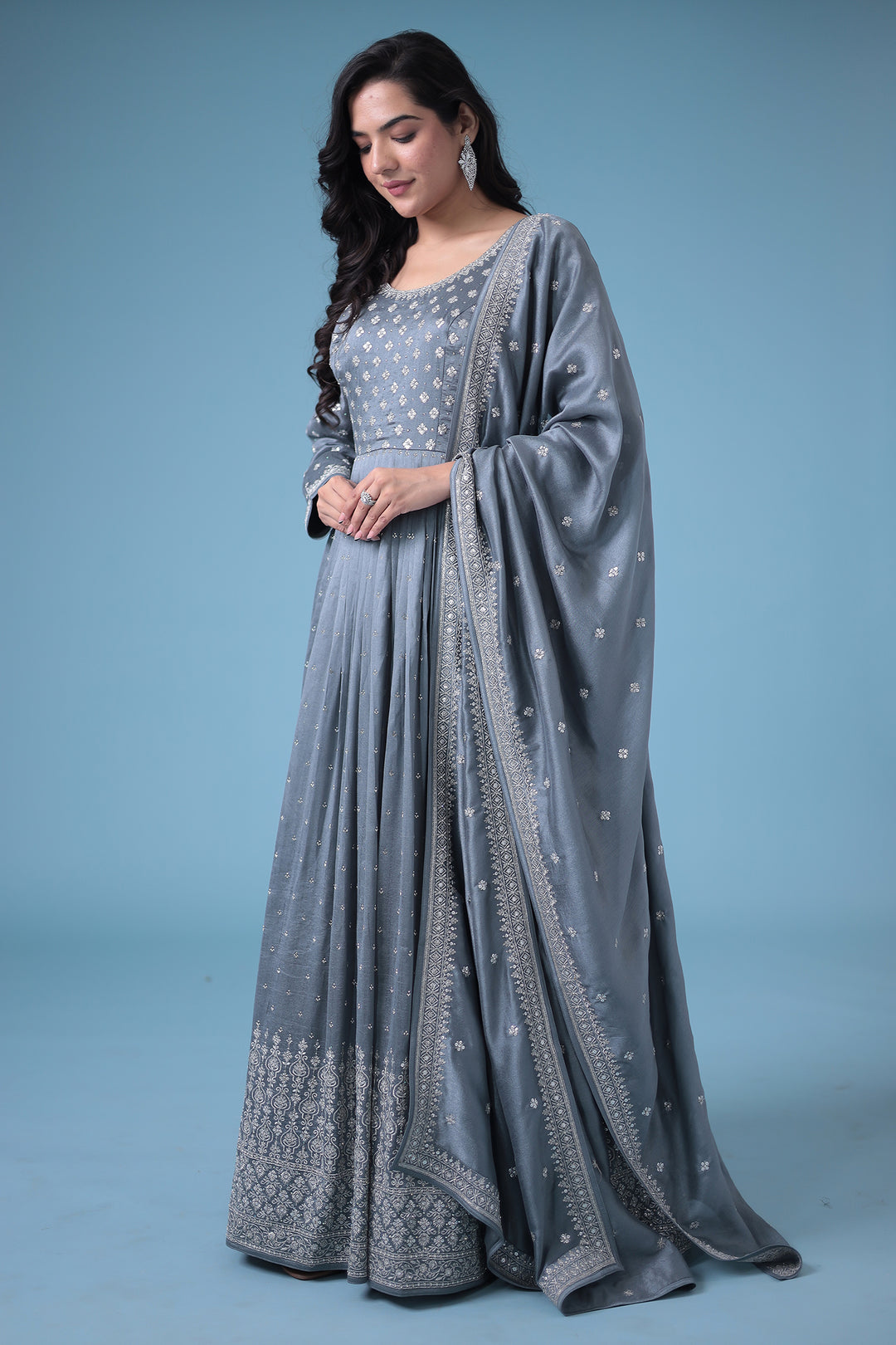 Embroidered Silk Blend Gown with Stone work