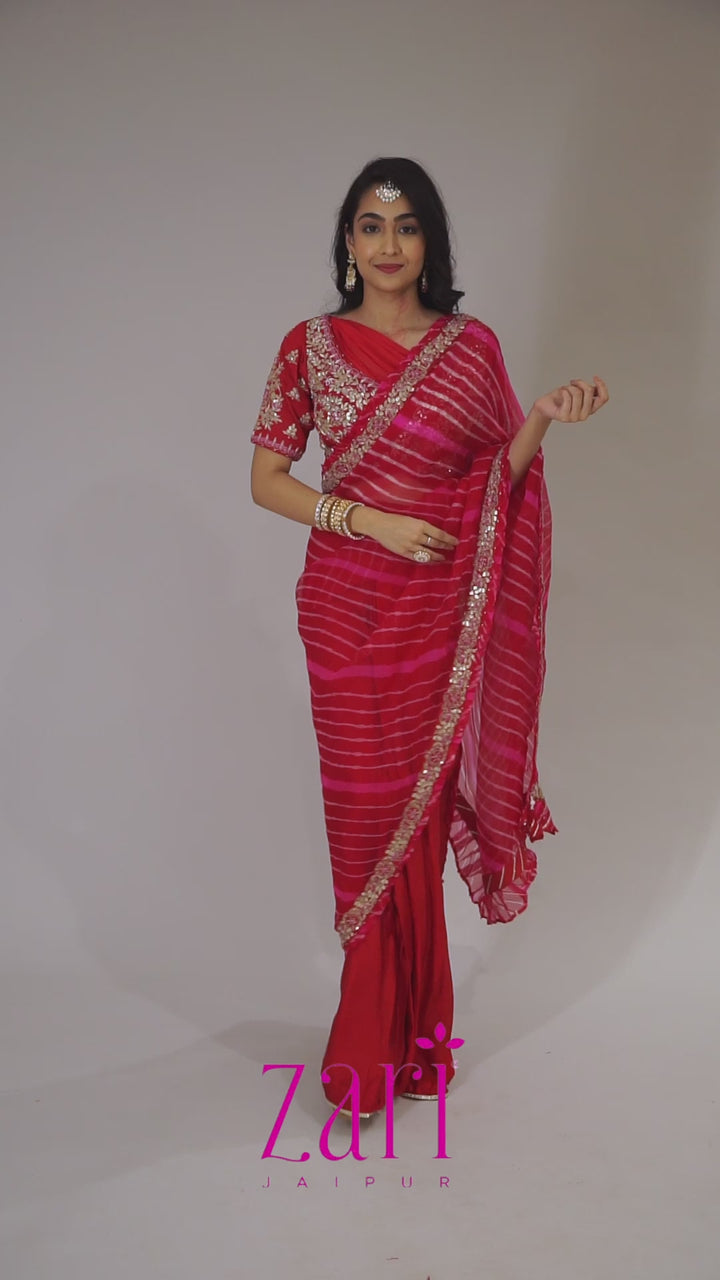 Leheriya Ready to Wear Organza Saree with Zardozi work.