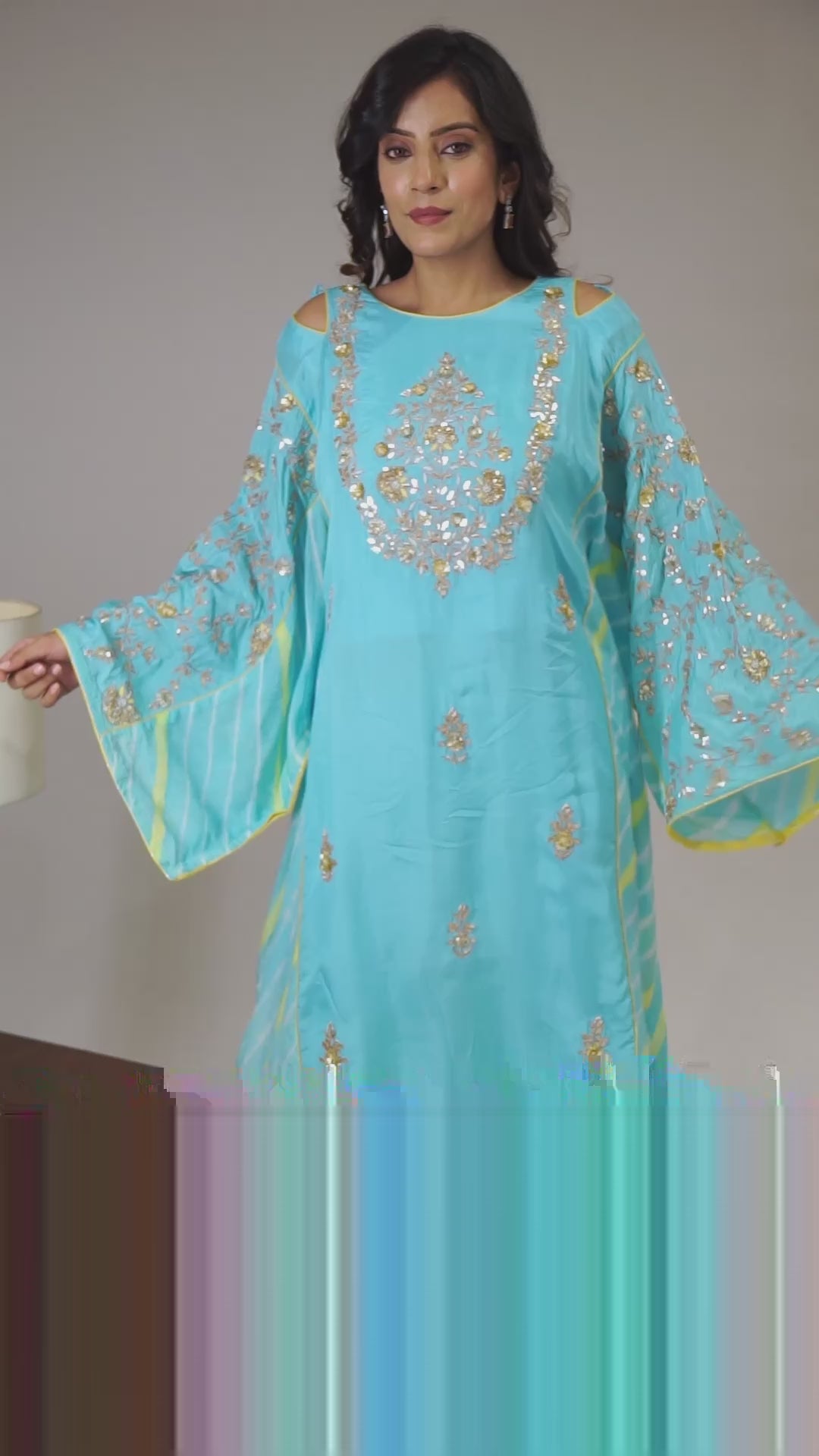 Embroidered Leheriya Silk Kaftan with Gota Patti work.