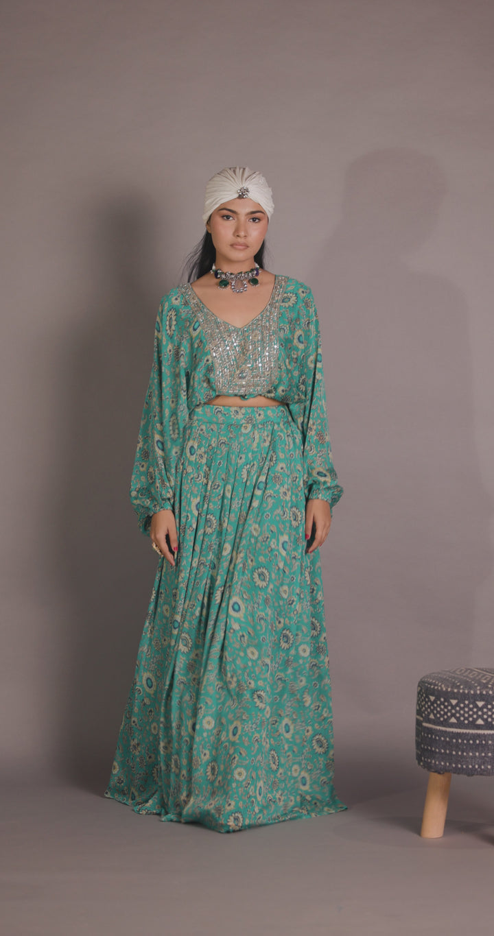 Exquisite Mirror Embellished Printed Chinon Indowestern