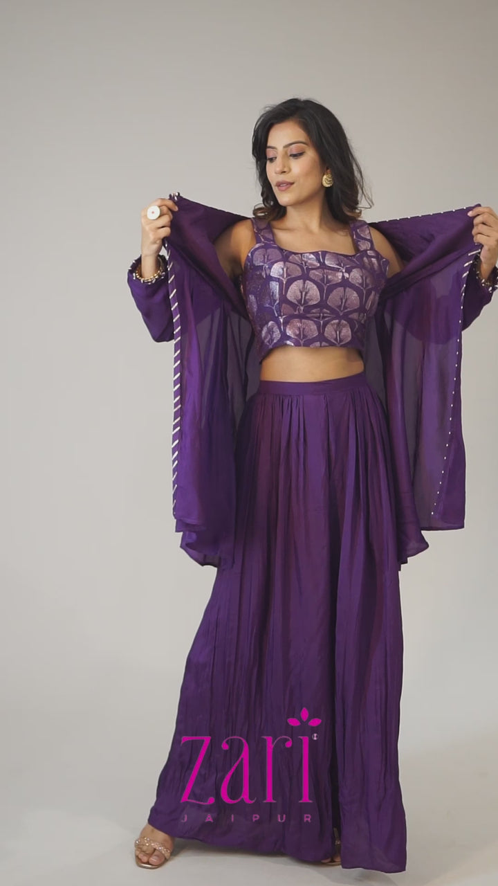 Jacket Style Indowestern Paired with Silk Palazzo and Embroidered with Gota Patti work.