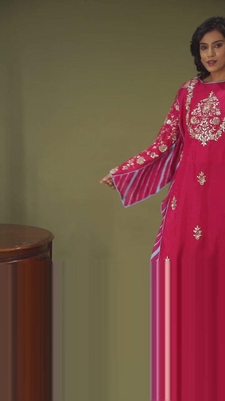 Embroidered Leheriya Silk Kaftan with Gota Patti work.