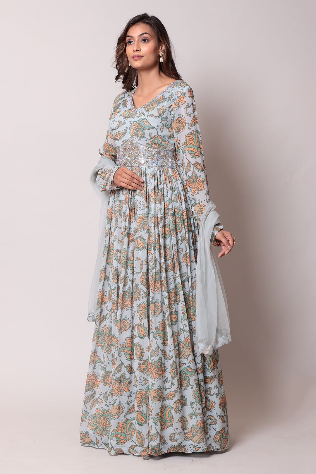 Anarkali Printed Georgette Gown with Cutdana work.