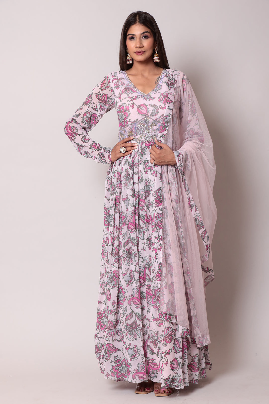 Anarkali Printed Georgette Gown with Cutdana work.