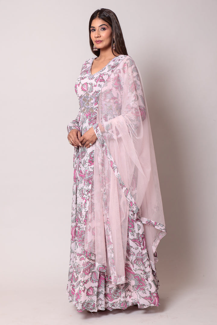 Anarkali Printed Georgette Gown with Cutdana work.