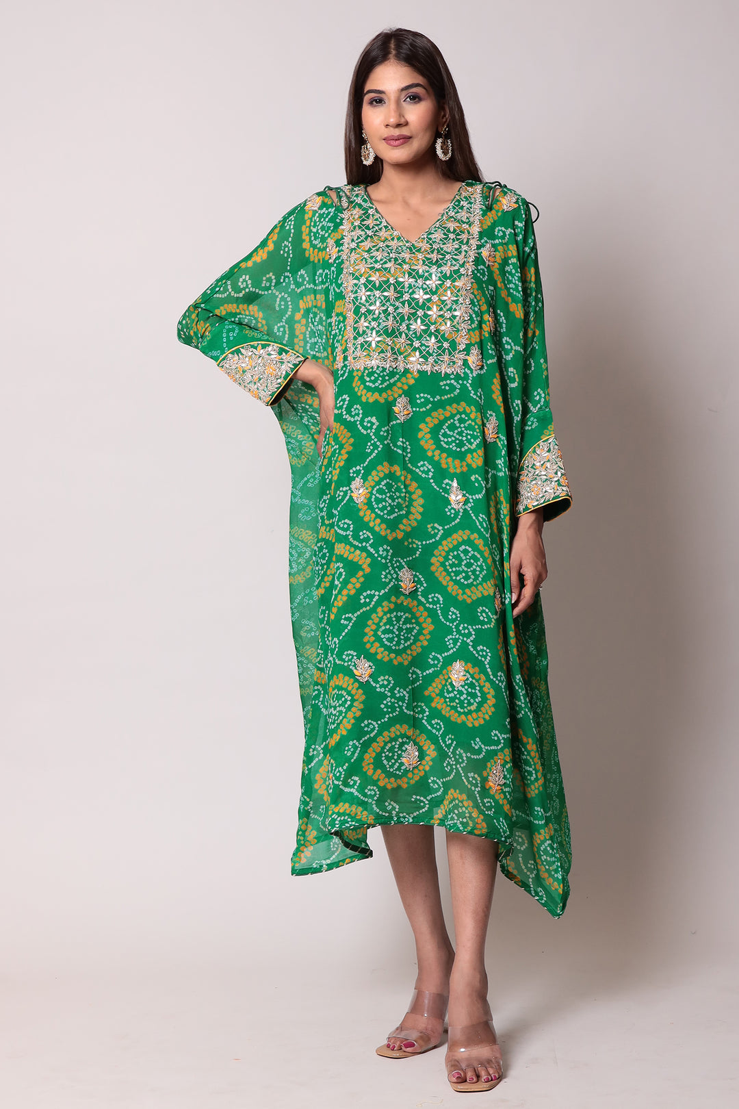 Bandhej Georgette Kaftan with Gota Patti work.