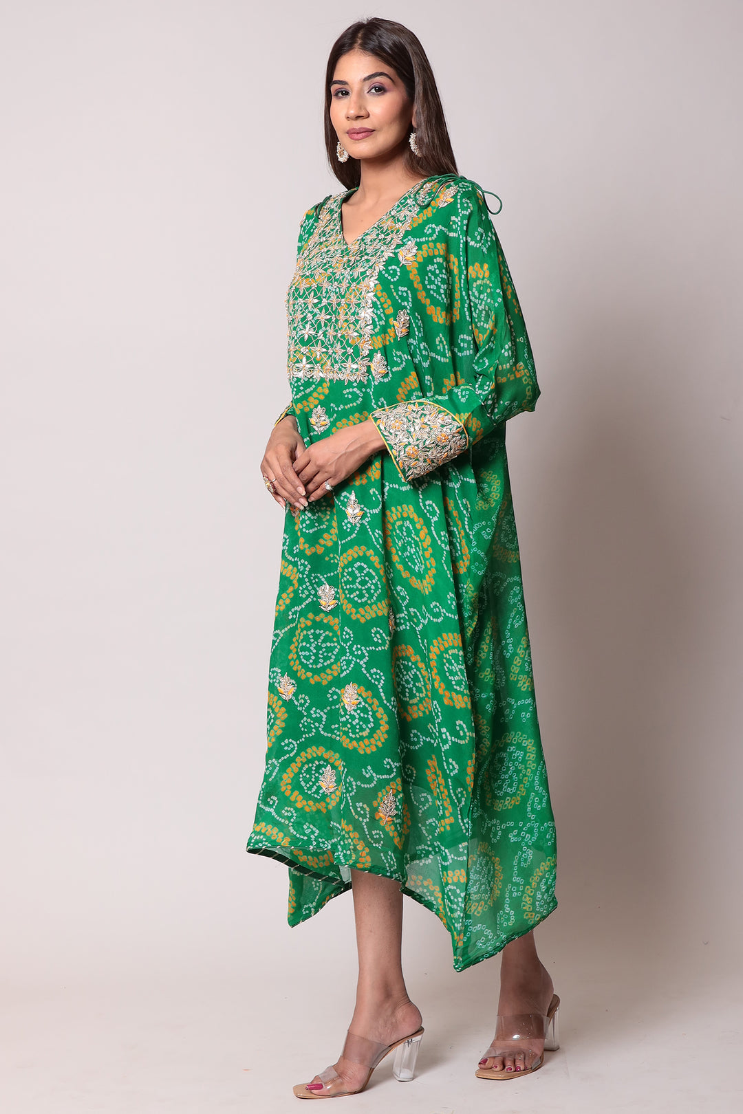 Bandhej Georgette Kaftan with Gota Patti work.