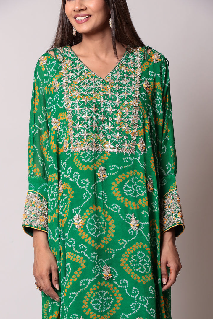 Bandhej Georgette Kaftan with Gota Patti work.