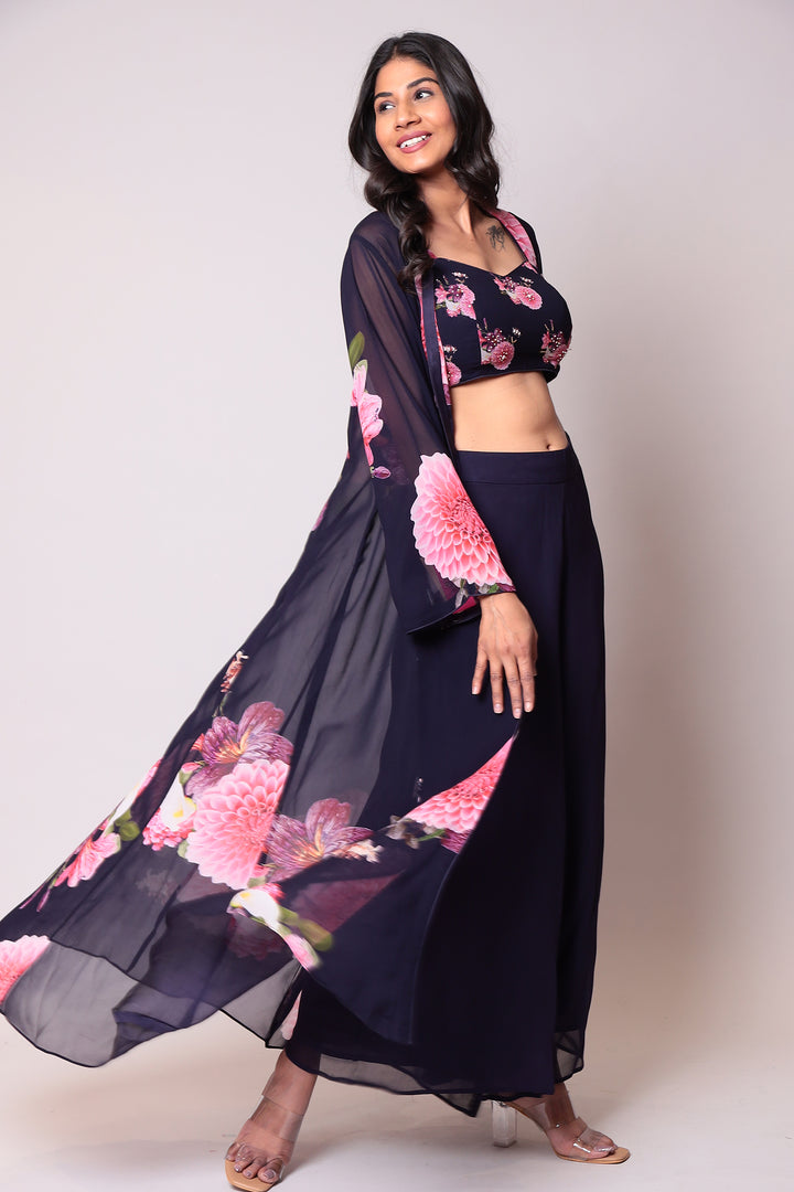 Printed Georgette Indo Western with Cutdana work.