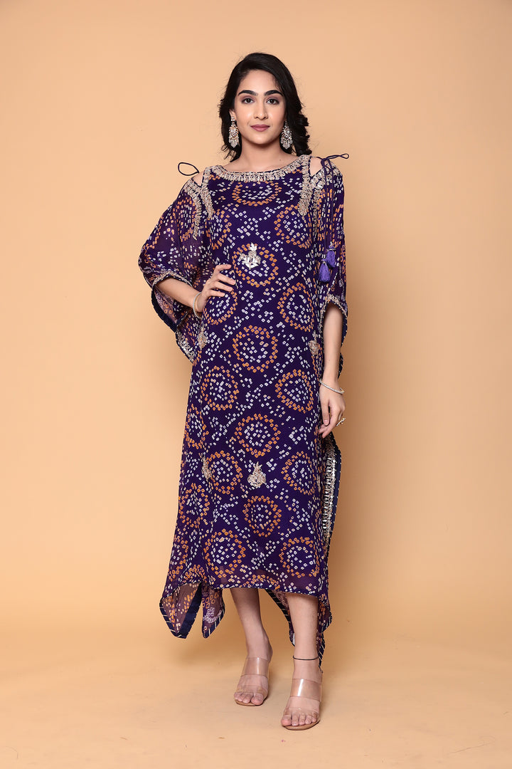 Bandhej Georgette bandhej Kaftan with Gota Patti work.