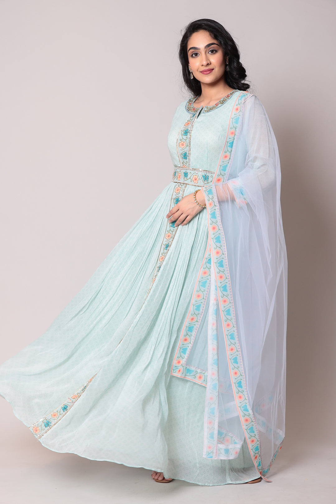 Printed Georgette Gown with Cutdana work.