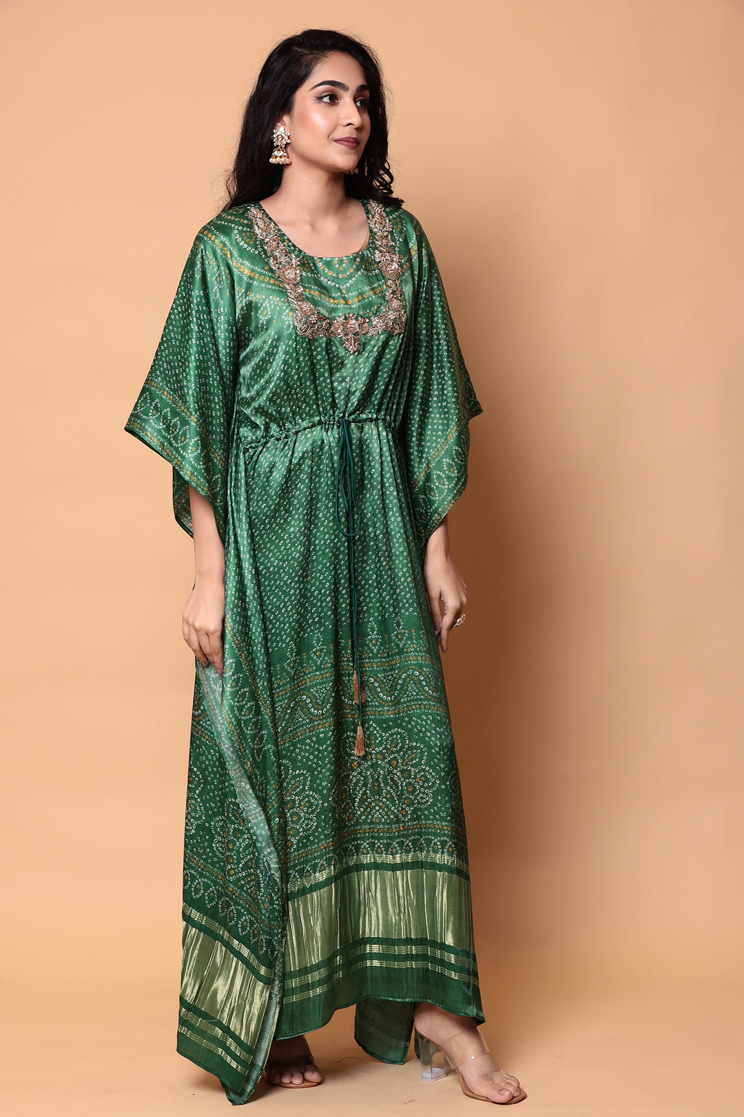 Bandhej Satin silk Kaftan with Cutdana, Pearl, Zardozi, Zari work.