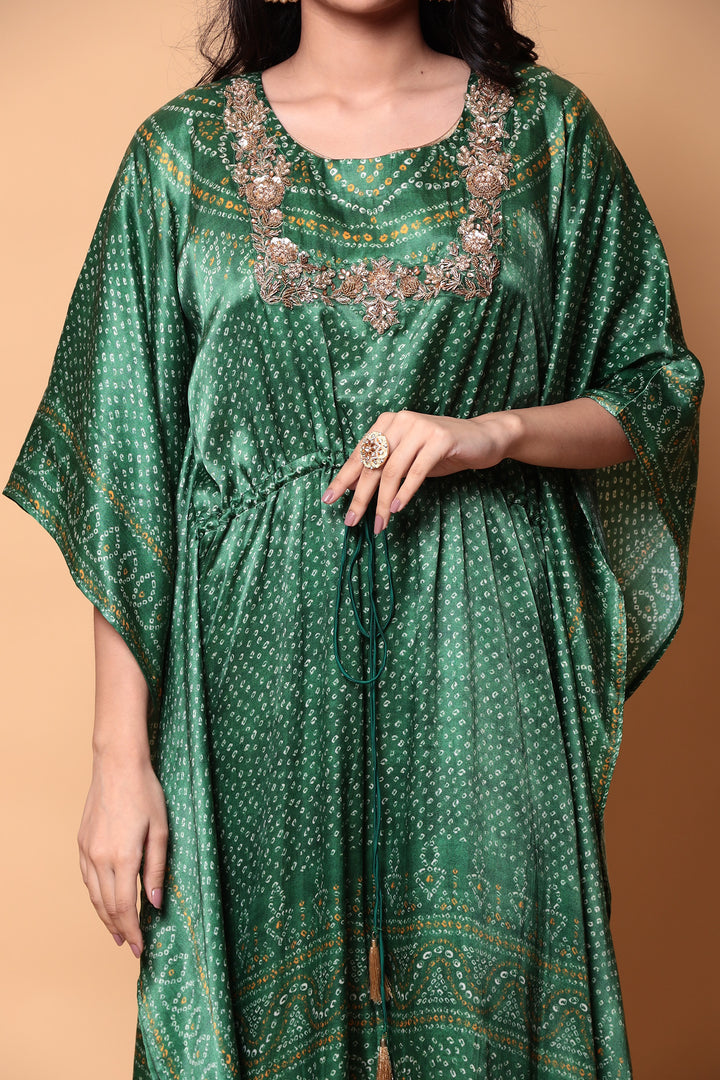 Bandhej Satin silk Kaftan with Cutdana, Pearl, Zardozi, Zari work.