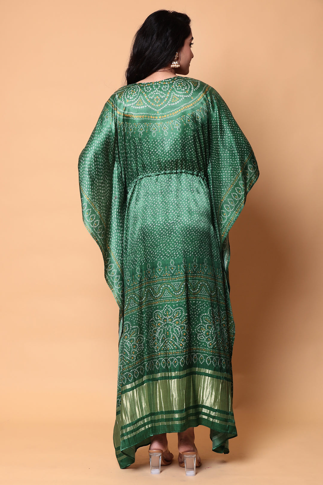 Bandhej Satin silk Kaftan with Cutdana, Pearl, Zardozi, Zari work.