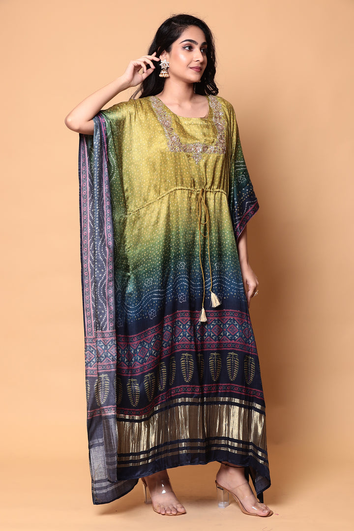 Bandhej Satin silk Kaftan with Sequins, Zardozi work.