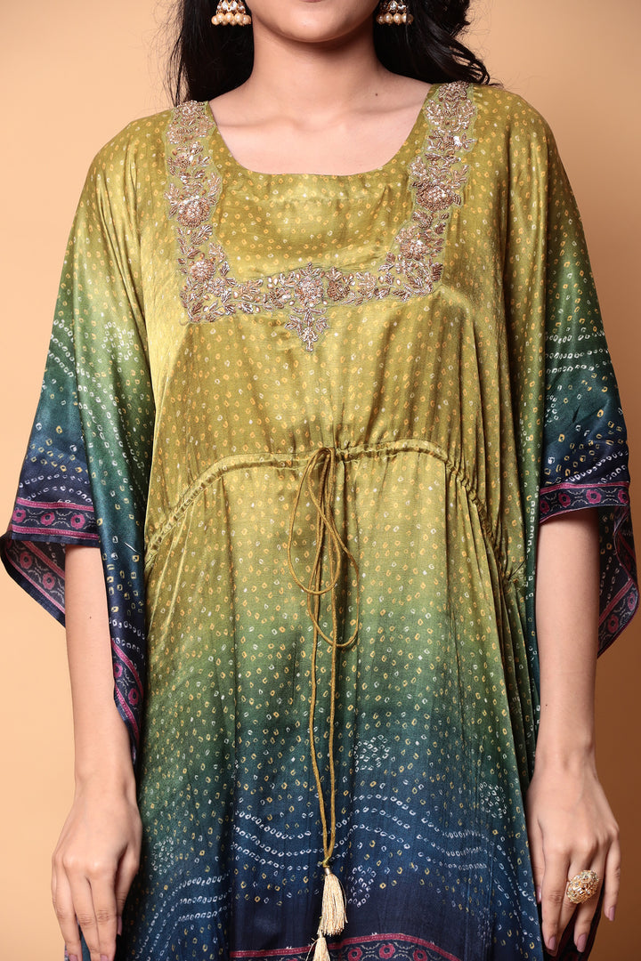 Bandhej Satin silk Kaftan with Sequins, Zardozi work.