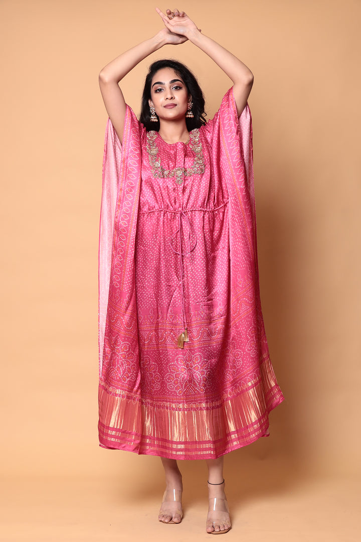 Bandhej Satin silk Kaftan with Pearl, Zardozi, Zari work.