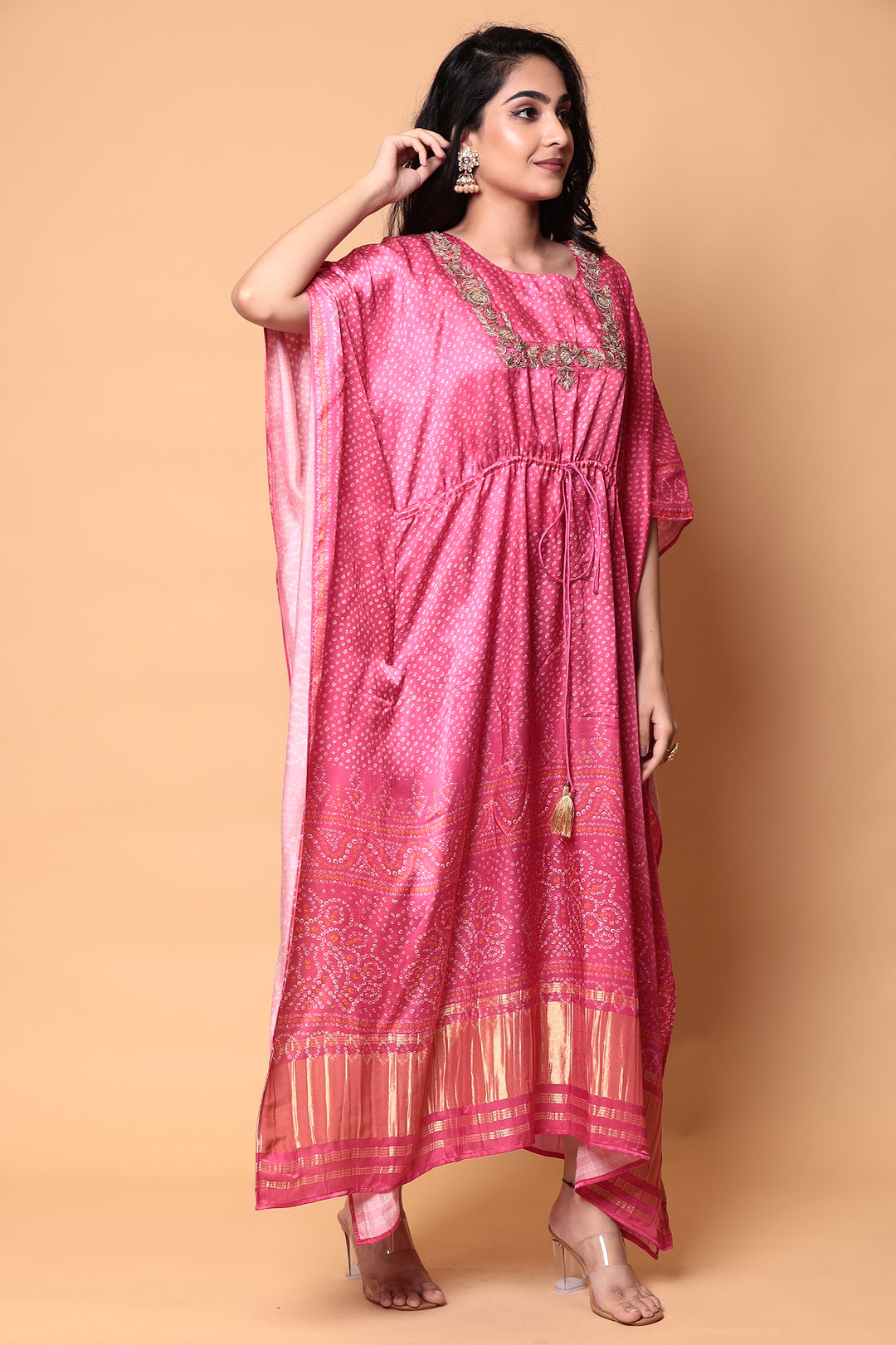 Bandhej Satin silk Kaftan with Pearl, Zardozi, Zari work.