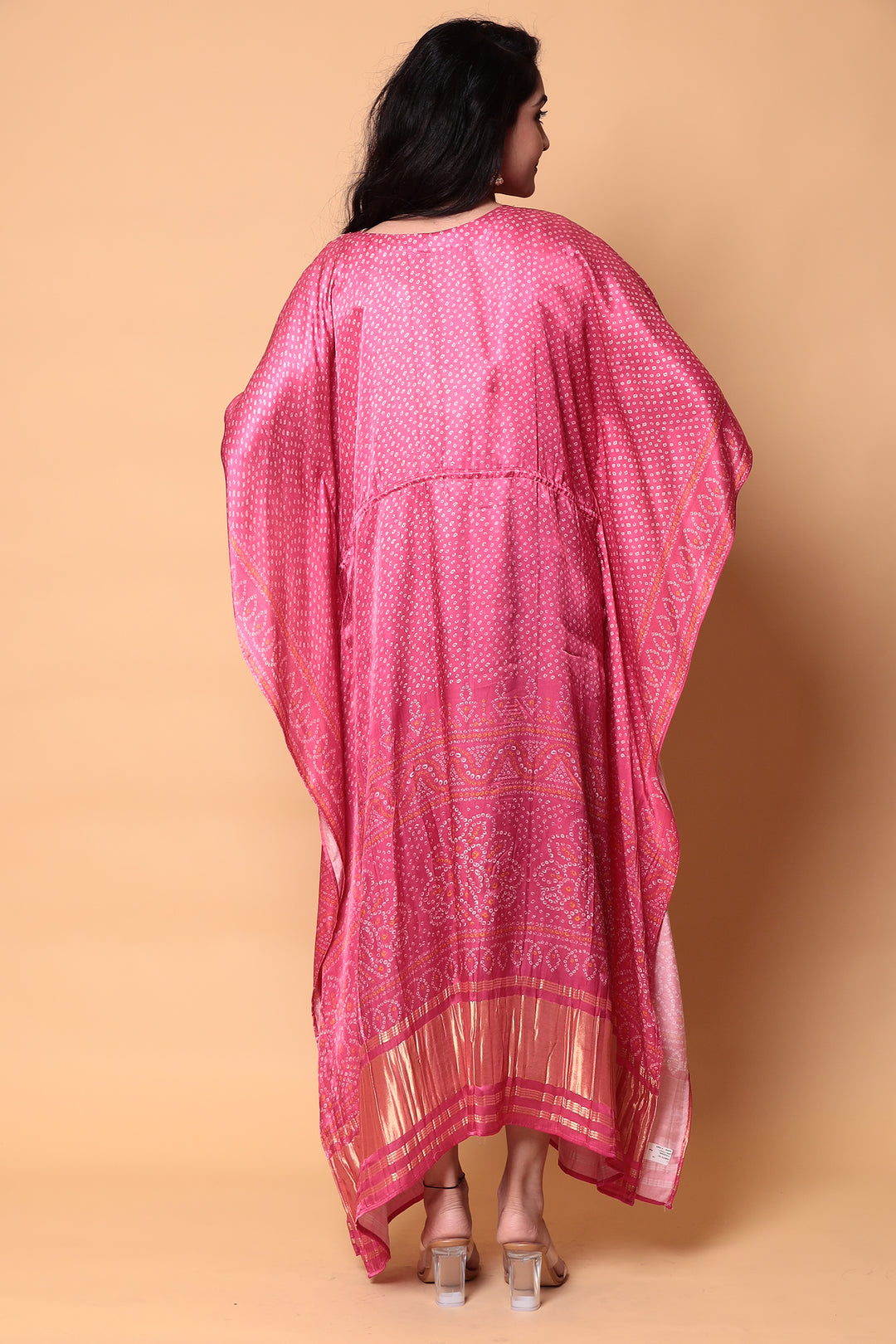 Bandhej Satin silk Kaftan with Cutdana, Pearl, Zardozi, Zari work.