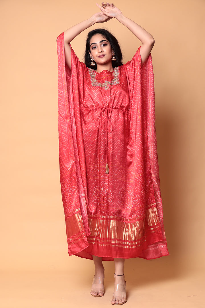 Bandhej Satin silk Kaftan with Sequins, Zardozi work.