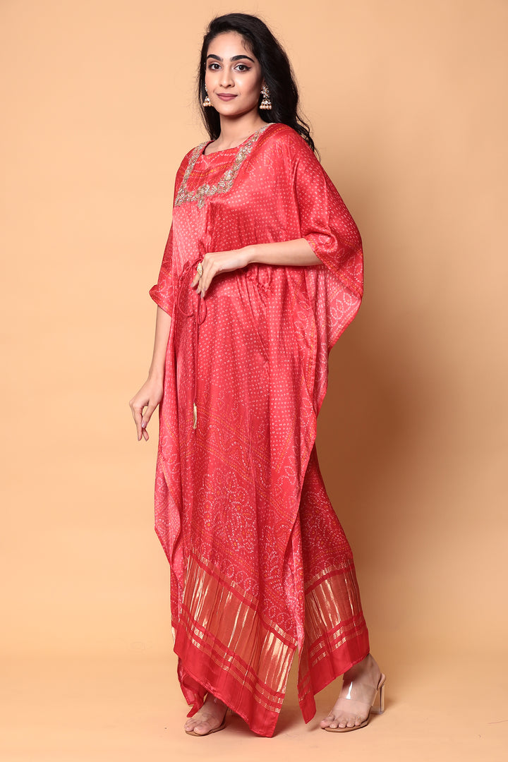 Bandhej Satin silk Kaftan with Pearl, Zardozi, Zari work.