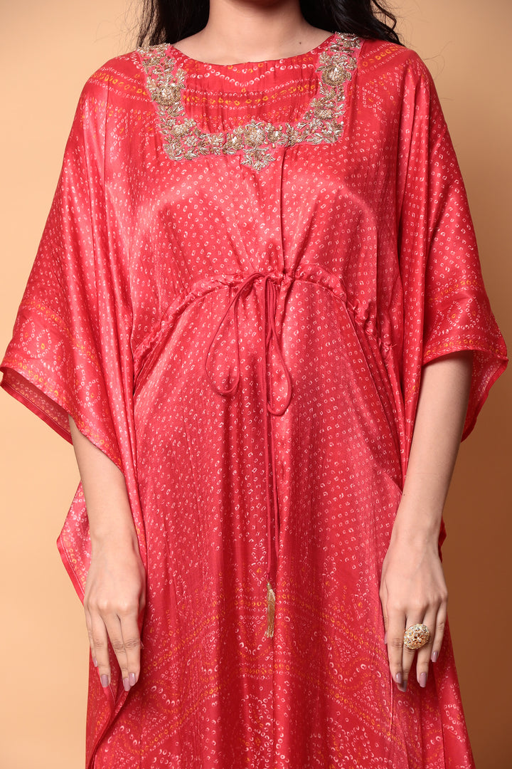 Bandhej Satin silk Kaftan with Sequins, Zardozi work.