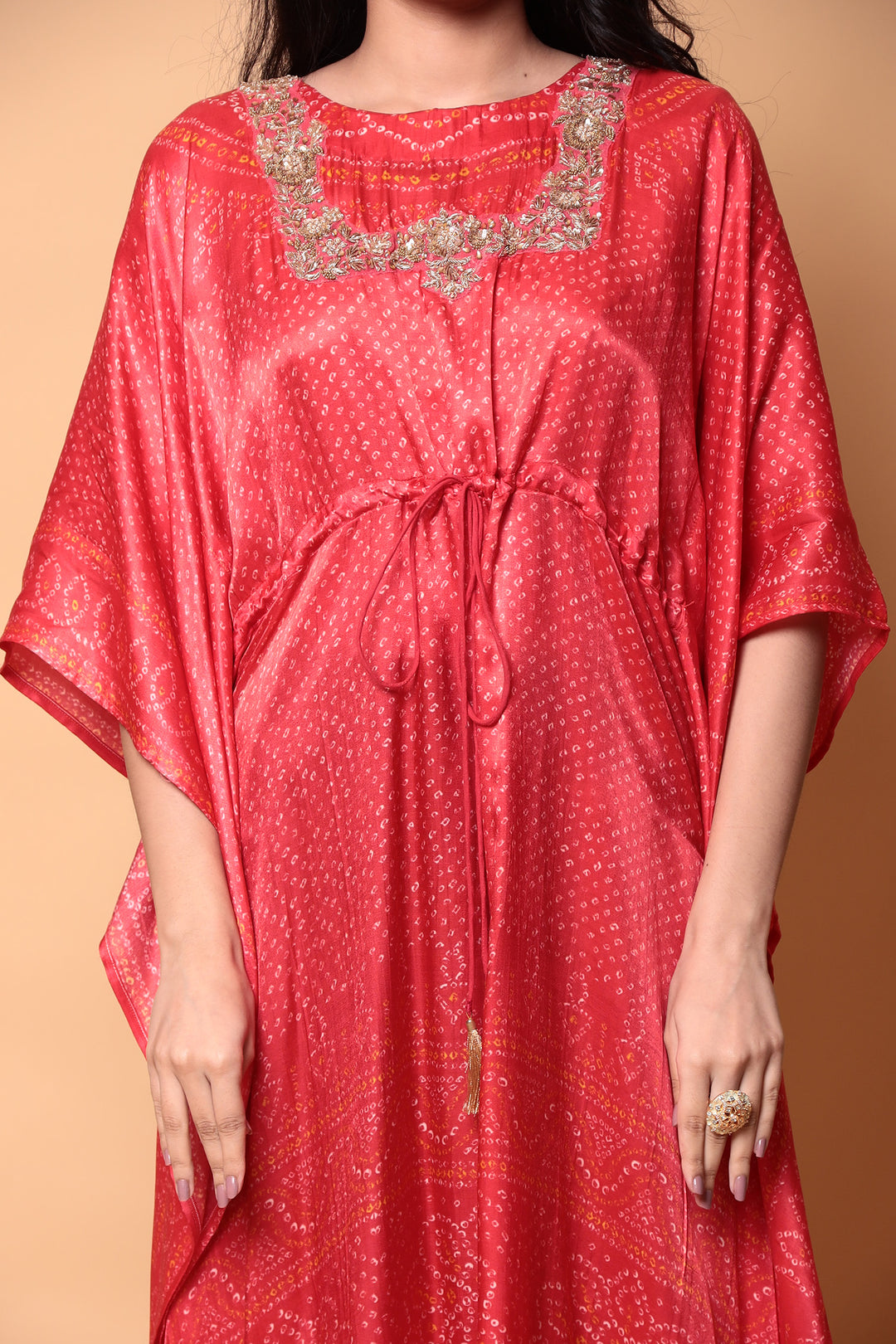 Bandhej Satin silk Kaftan with Pearl, Zardozi, Zari work.