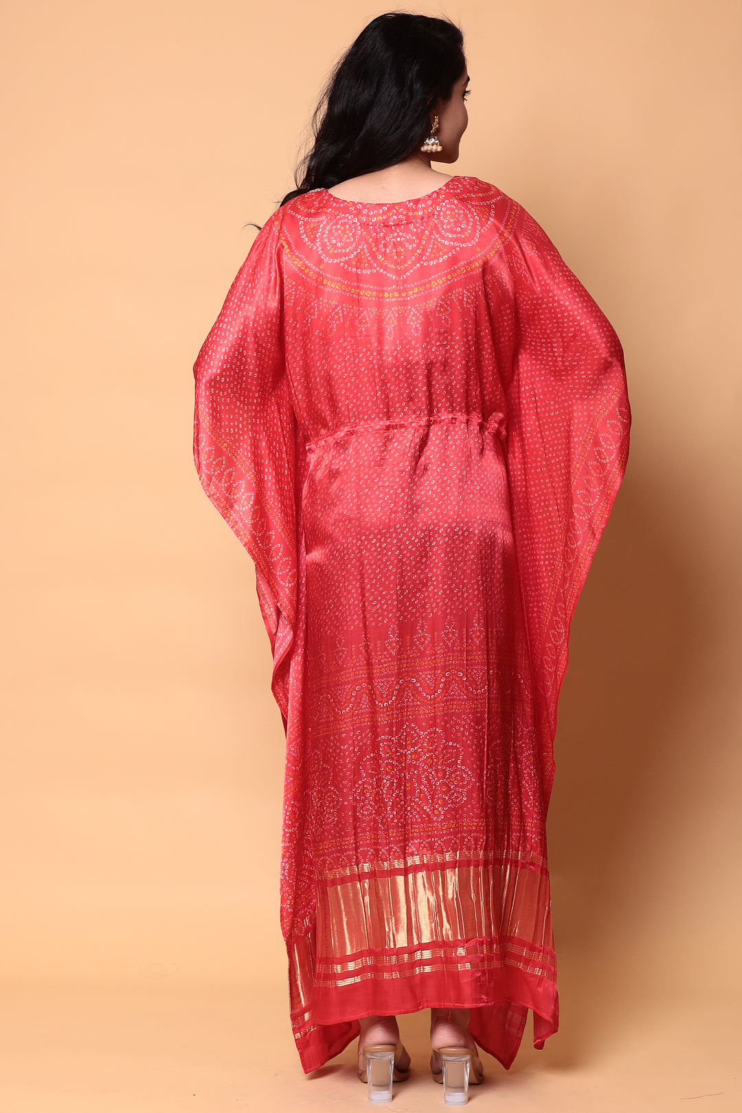 Bandhej Satin silk Kaftan with Pearl, Zardozi, Zari work.