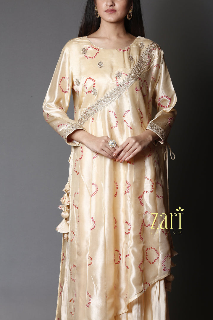 Tussar Bandhej Silk Kurti with Dori, Sequins work.